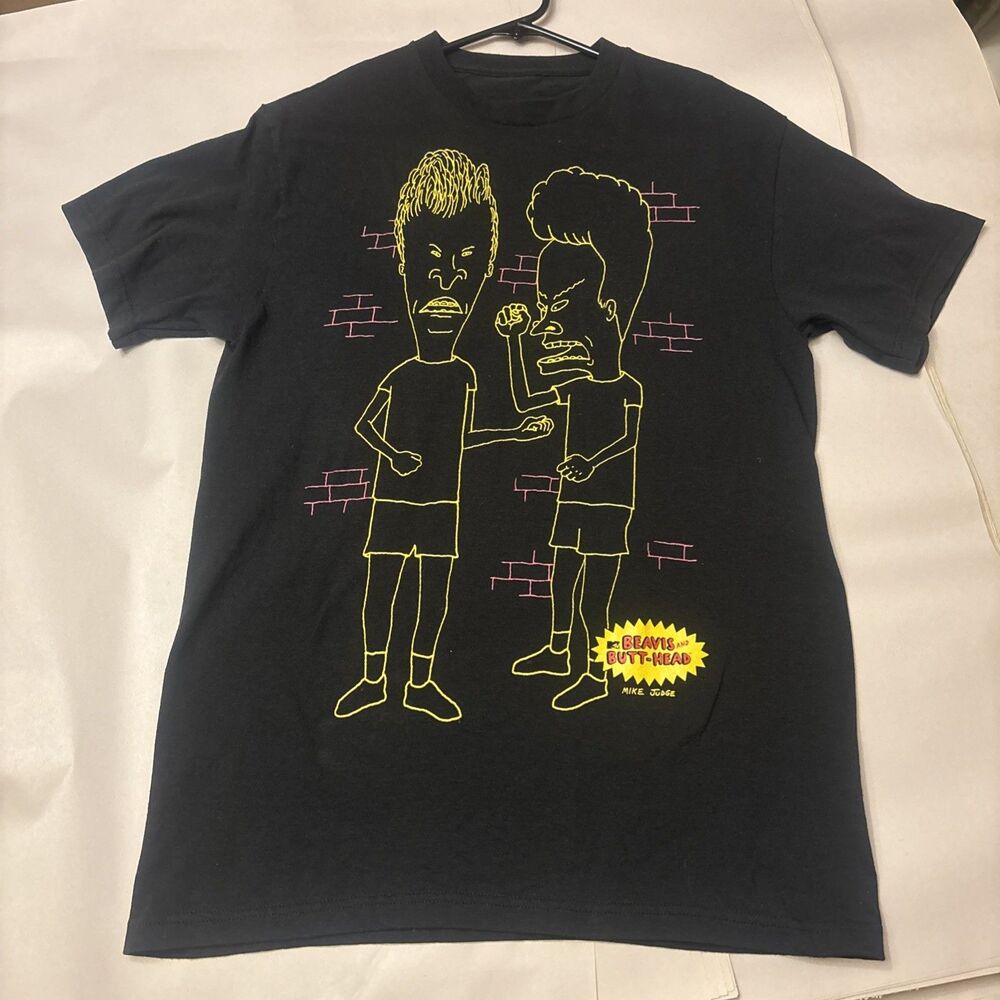 Vintage Beavis and Butt Head Mike Judge Neon Line Art Black Tee Mens Size M